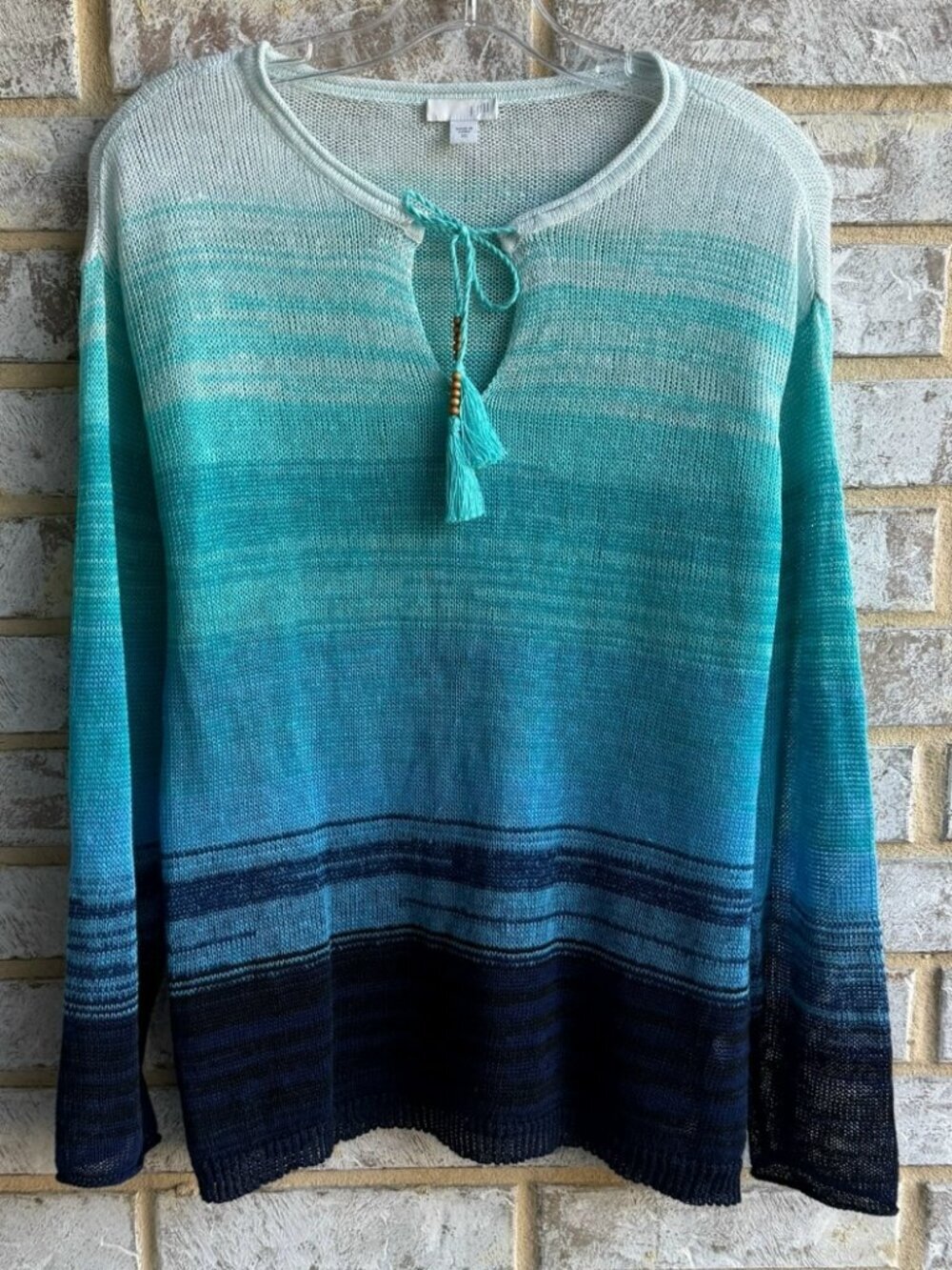 J. Jill 100% Linen Long Sleeve Tie Neck Blue Ombre Sheer Sweater Women's Size XS